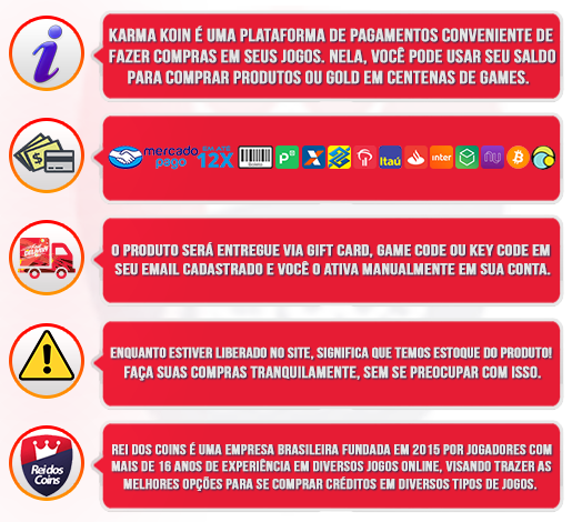 Descrição do Produto, Métodos de Pagamento, Forma de Entrega, Observações e Sobre o Rei dos Coins.